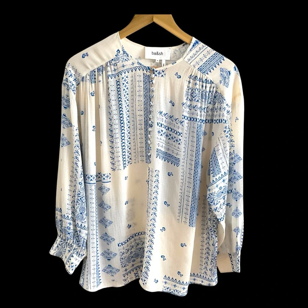 ba&sh Cream Blouse with Blue Floral Print - Picture 12 of 16